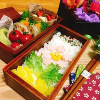 野菜弁当🍱地味なので ごはんは 花🌸で ラブリーに❤️ #不室屋 #お弁当箱#箱弁|３７８８さん