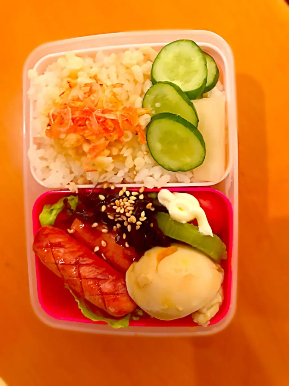 パパお弁当🍱😋  焼きウインナー  煮玉子  椎茸昆布の佃煮  キウイ  トマト  レタス  大根の糠漬け  きゅうりの漬物  揚げ玉  干し海老|ch＊K*∀o(^^*)♪さん