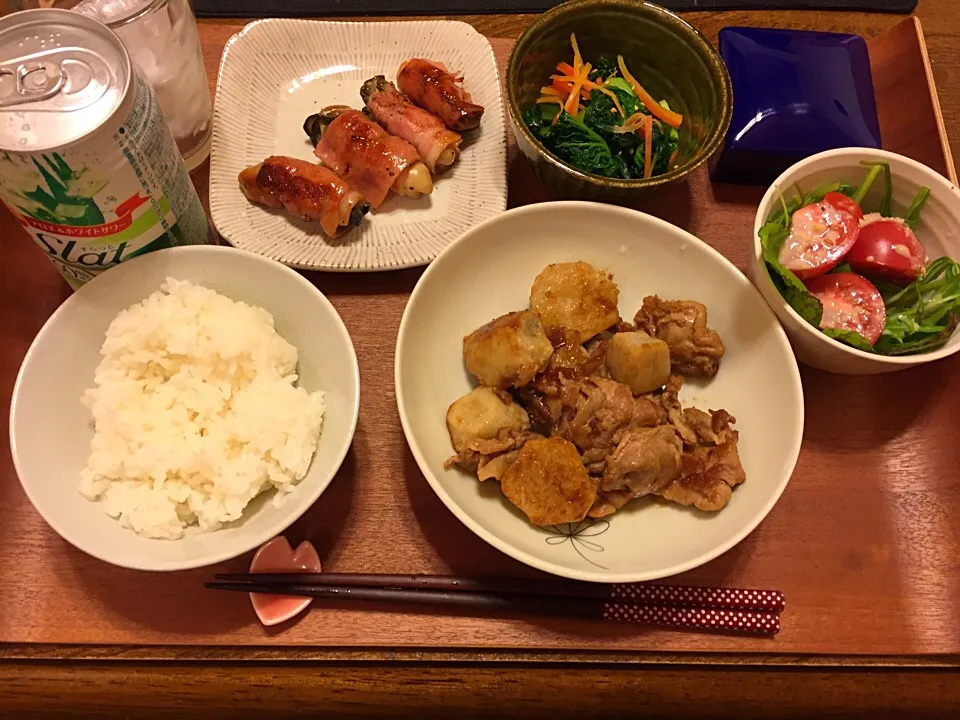 Snapdishの料理写真:牡蠣のベーコン巻き・里芋と豚肉の照り焼き・ちぢみ雪菜のナムル|さくらさん