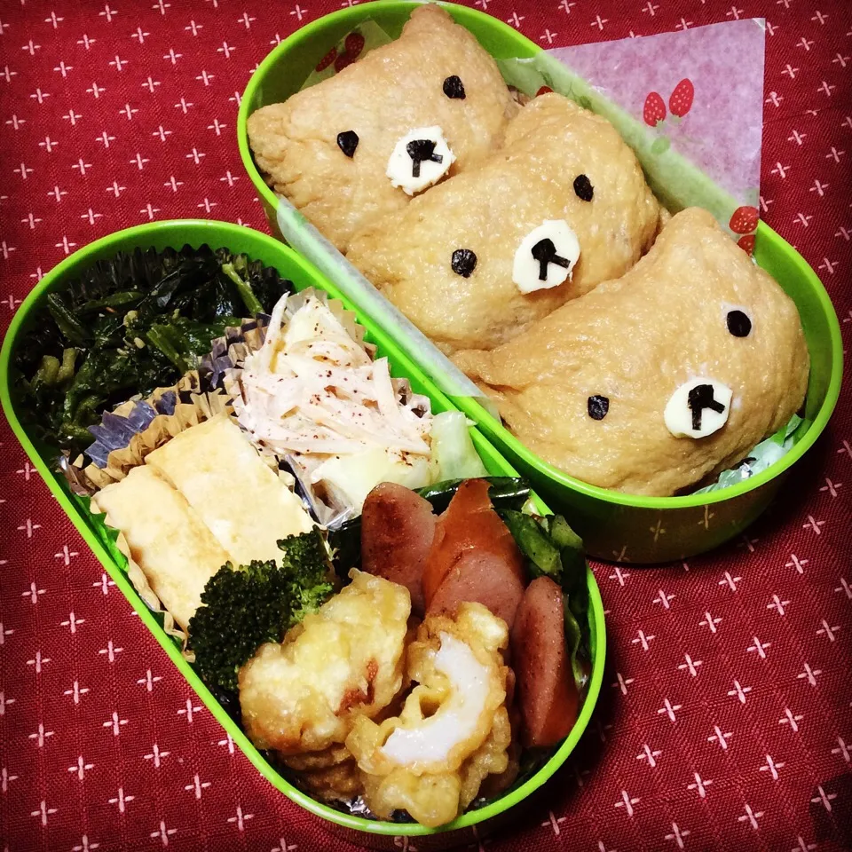 Snapdishの料理写真:2/10「#リラックマ#いなり寿司 弁当」♪
#goodmorning 😆💕
やったーーー！やっと金曜日🎶
ルンルンで早く目が覚めたので、今日はいなり寿司〜♪な#お弁当 。
あかん、、無駄に#キャラ弁 の魅力にハマりつつある今日この頃w 元々凝り性なので、ちょっと極めようかしら😍|夢ーテルさん