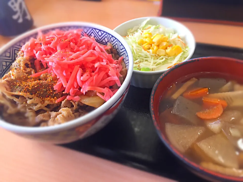 Snapdishの料理写真:紅生姜丼（牛丼）Aセット 味噌汁をけんちん汁に変えて！|古山さん