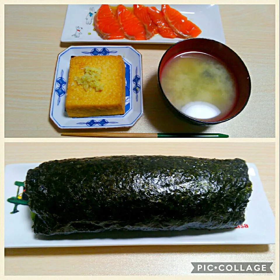 Snapdishの料理写真:２月３日　恵方巻　漬けサーモン　厚揚げ豆腐　しじみのお味噌汁|いもこ。さん