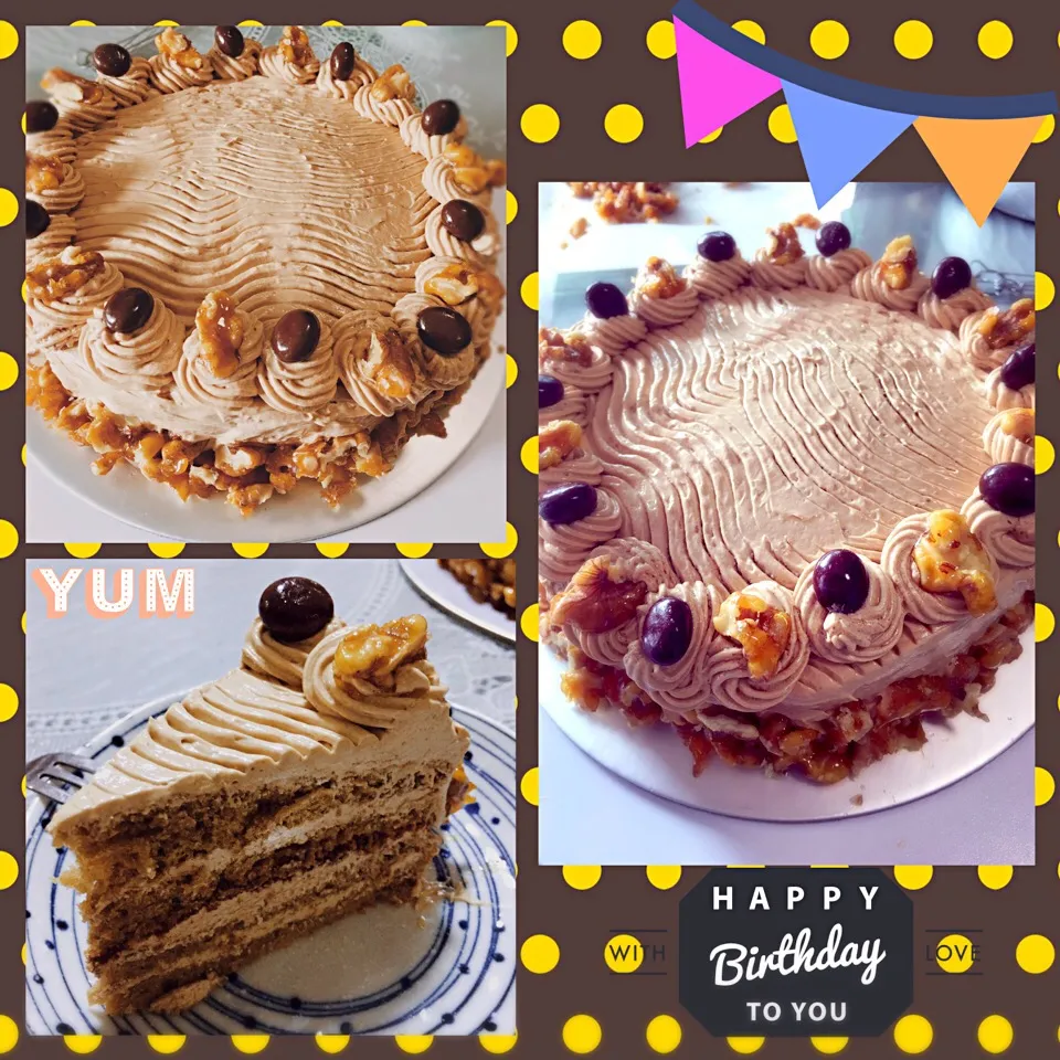 Chocolate cake decorated with coffee meringue buttercream and caramel pecan nuts #birthdaycake #coffeecake #homebaked #コーヒーケーキ #手作りケーキ #メレンゲバタークリーム|YvoMiwaさん