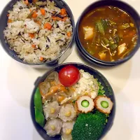 Snapdishの料理写真:#ひじきご飯 #中華弁当 #麻婆春雨 #焼売 #ちくわアスパラ#ポテトおからサラダ#ナメコと小松菜と豆腐の赤だし|アンジーさん