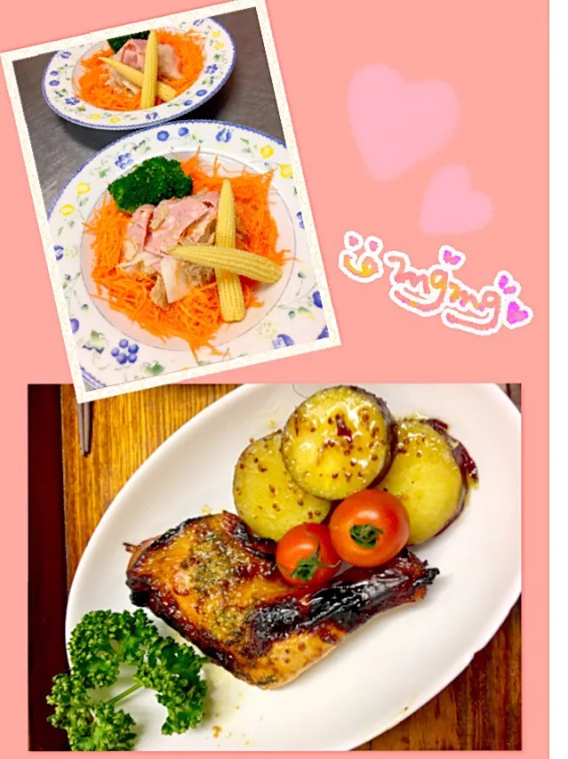 Snapdishの料理写真:人参🥕大根とツナのマリネ🥗
ローストチキン🍗サツマイモのマスタードバター🍠桜央里さんのお料理を参考に作って見ました😋💕|きゅうちゃんさん