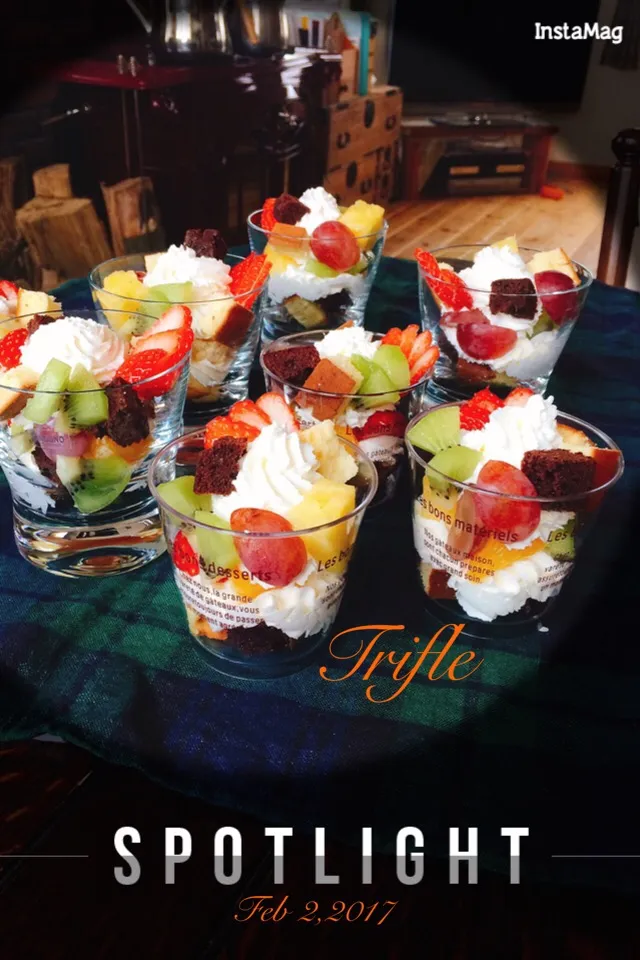 今週のおやつ•*¨*•.¸¸♬trifle 🍊🍇🍌🍓etc  #おやつ手作り #果物 #生クリームたっぷり|カンカンさん