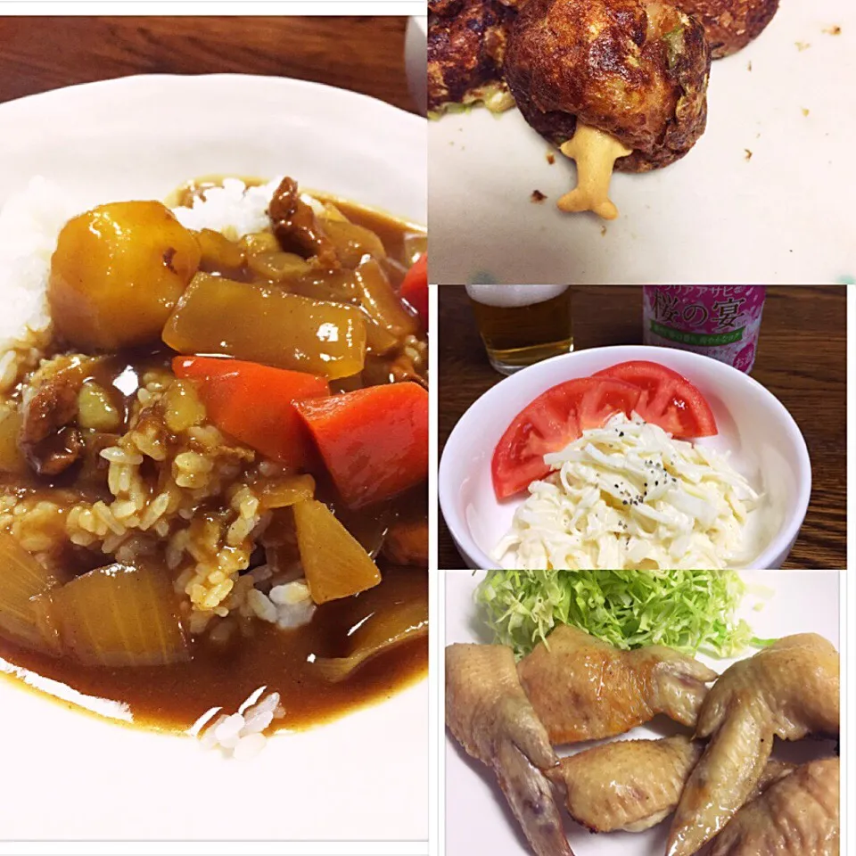 Snapdishの料理写真:カレーライスと おつまみ いろいろ
アフロちゃんの たこ焼き😏|えみちさん