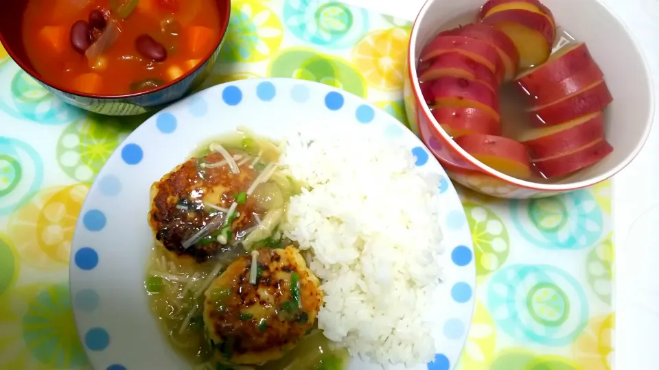 みぞれ餡掛け豆腐ハンバーグ、さつまいものレモン味醂煮、ミネストローネ|わかさん