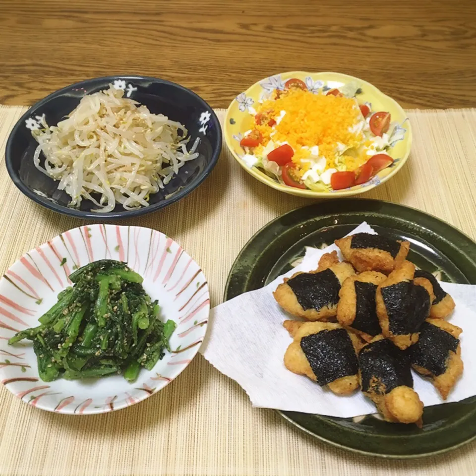 もやしのナムル・サラダ・山芋磯辺揚げ・春菊の胡麻和え|美也子さん