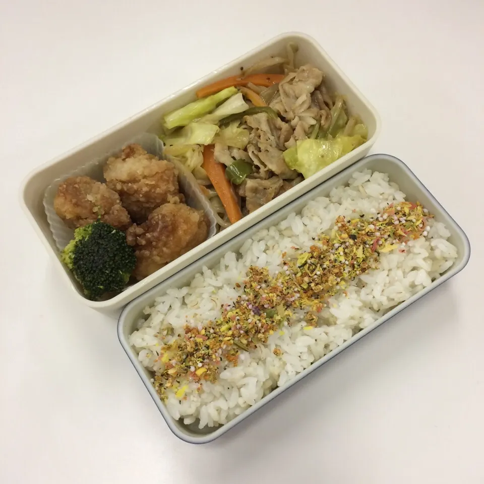 弁当（野菜炒め、鶏肉竜田揚げ、ブロッコリー、ふりかけ）|SasaMasa213さん