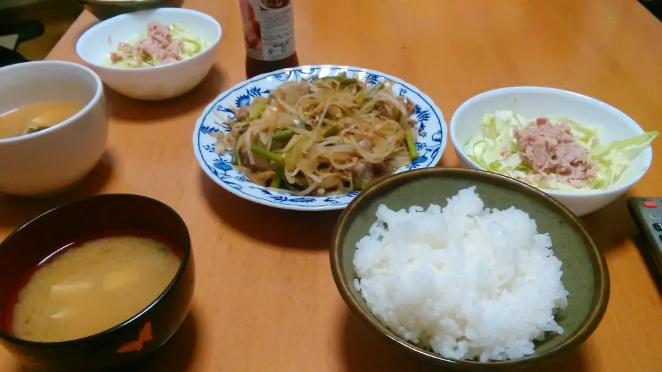 ご飯
味噌汁
野菜炒め 
サラダ|ざきさん