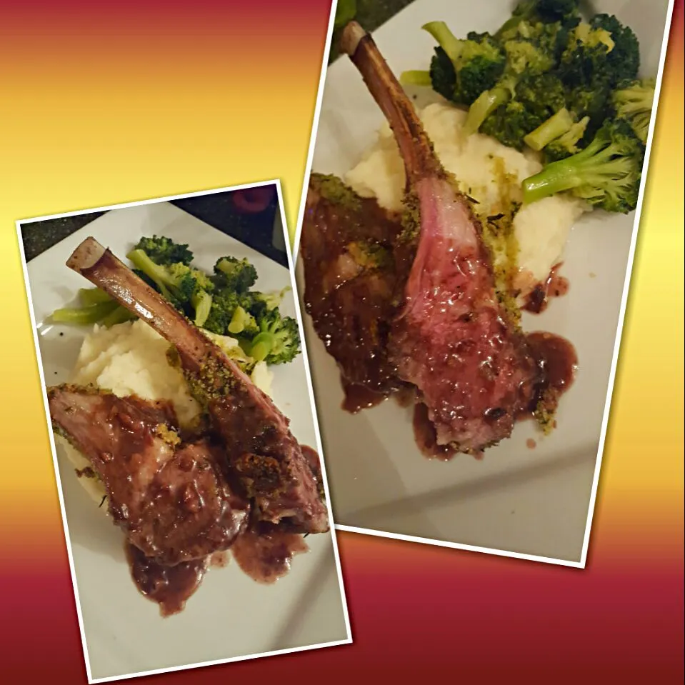 Herb-Crusted Lamb Chops w/ Red Wine Sauce, Roasted Garlic Mashed Potatoes & Steamed Broccoli|Lakeshia Hazeleyez Goldenさん