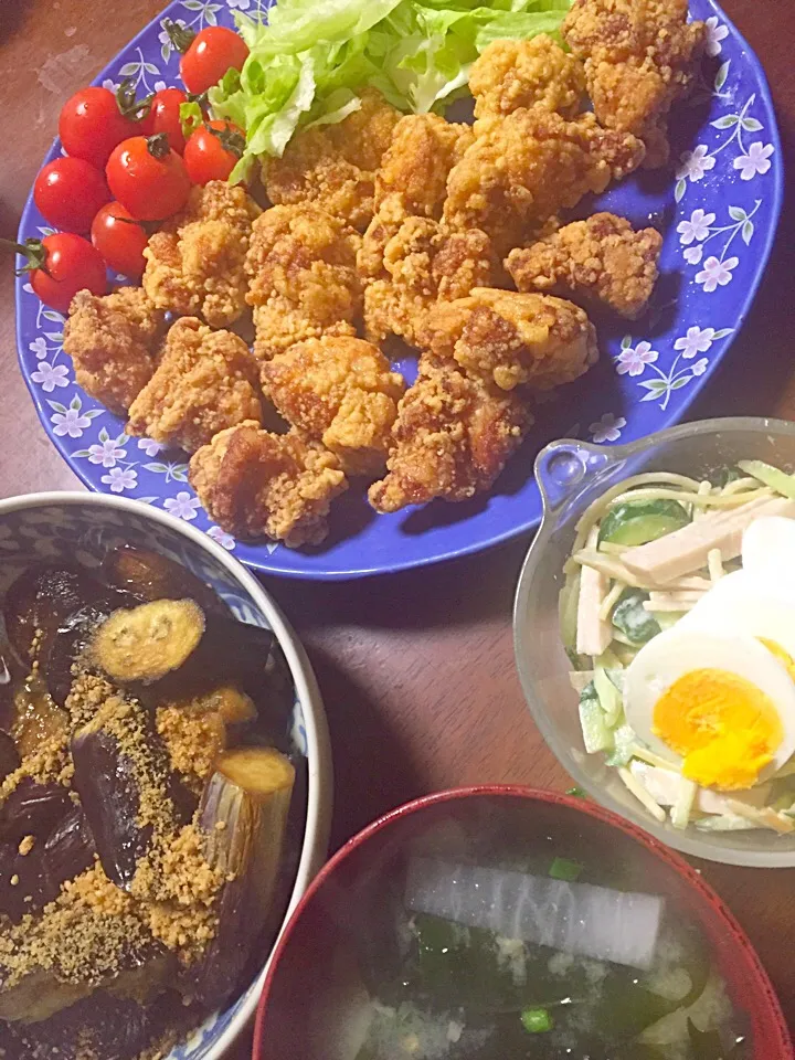 茄子の焼き浸し  スパゲティサラダ  味噌汁   チンした鶏の竜田揚げ|掛谷節子さん