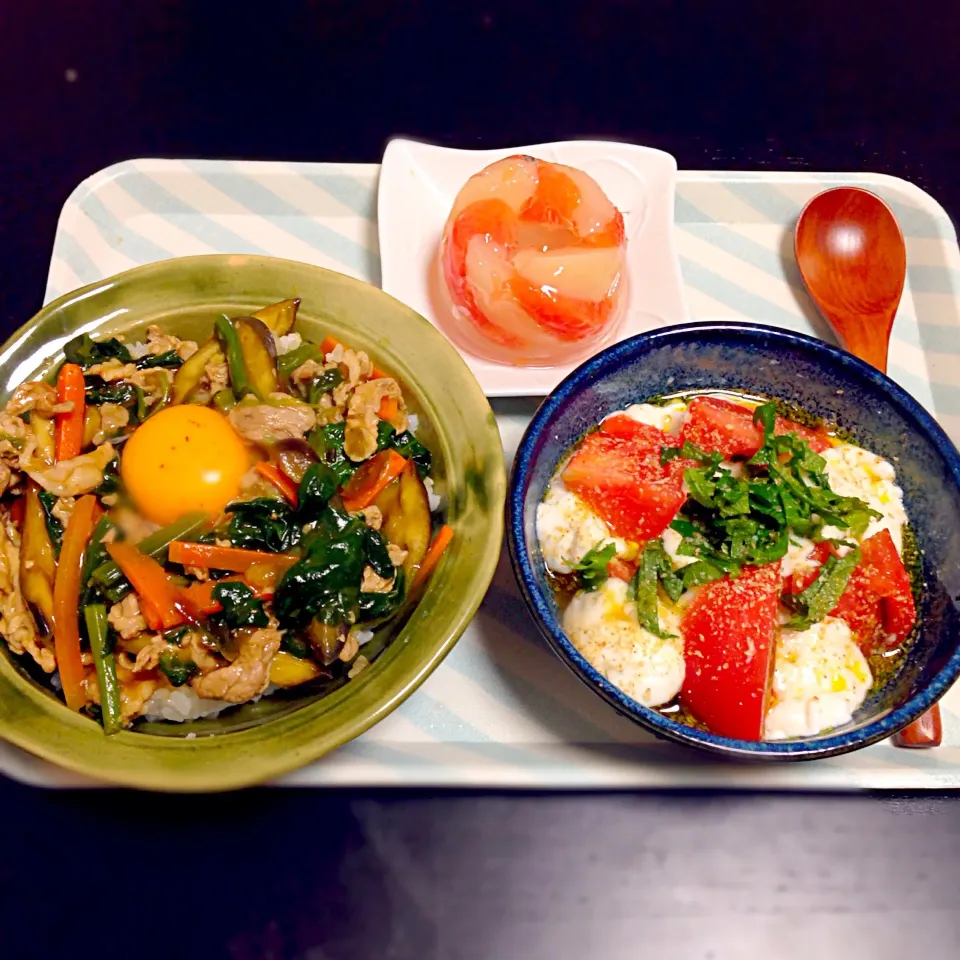 肉野菜味噌炒め丼 トマトとジーマーミー豆腐の白だしゴマサラダ|ちかさん