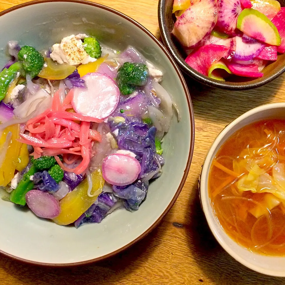 vegan グルテンフリー シュガーフリー
中華丼
三種の大根のマリネ
春雨スープ|makiko_aさん