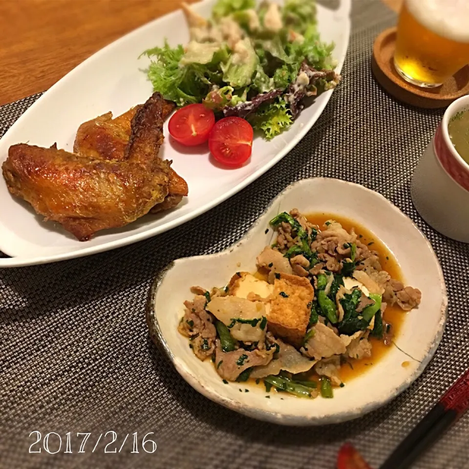 手羽先のロースト／カレー
ちくわと豆腐のサラダ
豚こまと厚あげ、小松菜のオイスター炒め
春雨スープ|𓇼 Ⓢ Ⓗ Ⓘ Ⓝ Ⓞ Ⓑ Ⓤ 𓇼さん