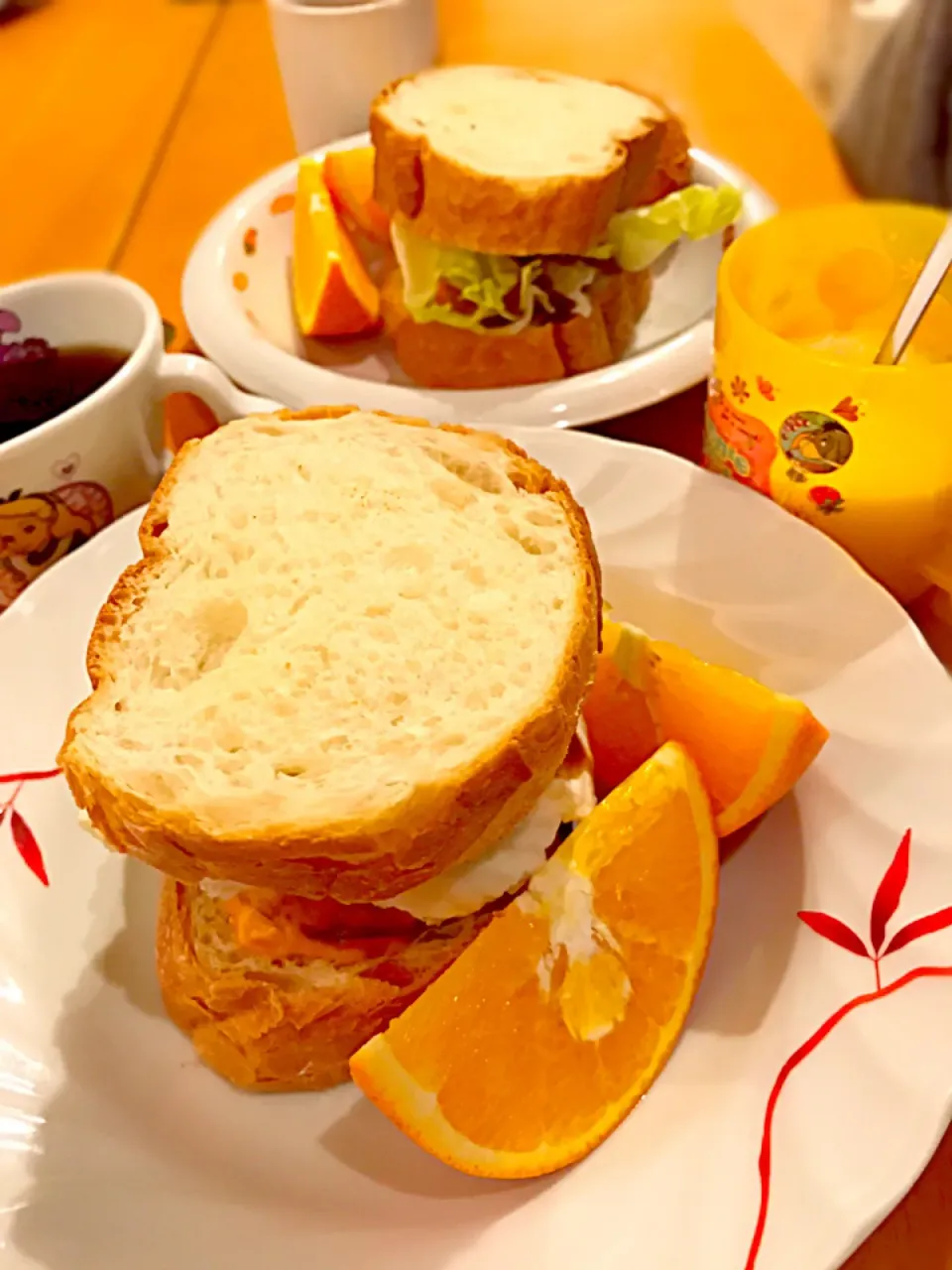 Snapdishの料理写真:🍤エビカツチーズレタストーストサンド
🍊オレンジ   ヨーグルト＆コーヒー☕ココア|ch＊K*∀o(^^*)♪さん