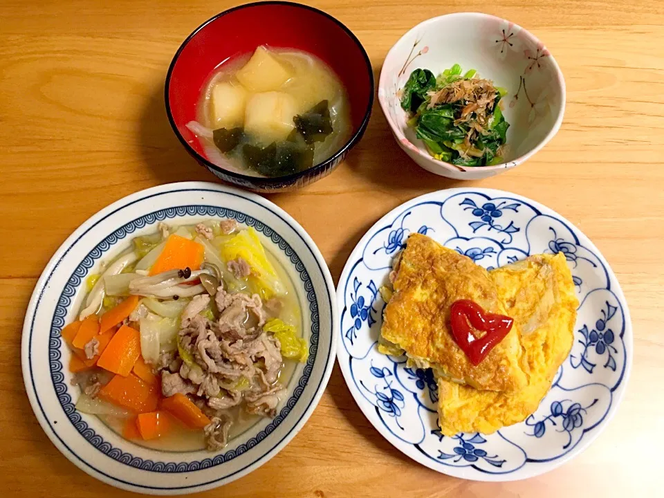 豚と白菜の煮浸し⭐ウインナーとジャガイモのオムレツ⭐ほうれん草のお浸し⭐お味噌汁|ほなさん