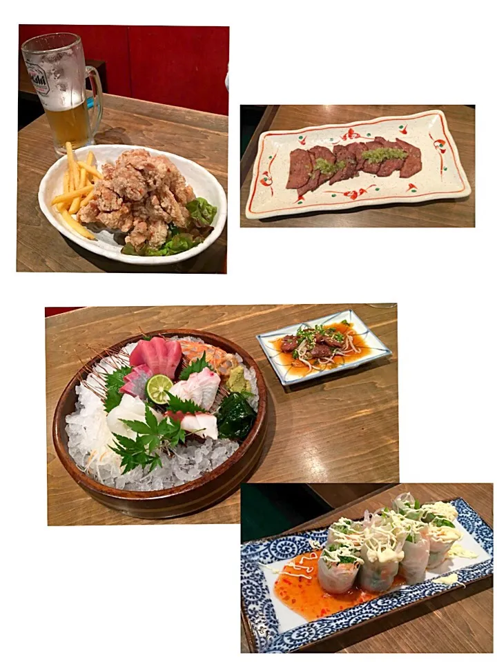 Snapdishの料理写真:三宮高架市場  唐揚げ、塩タン、刺身盛合せ、カルビ、生春巻、🍺|pentarouさん