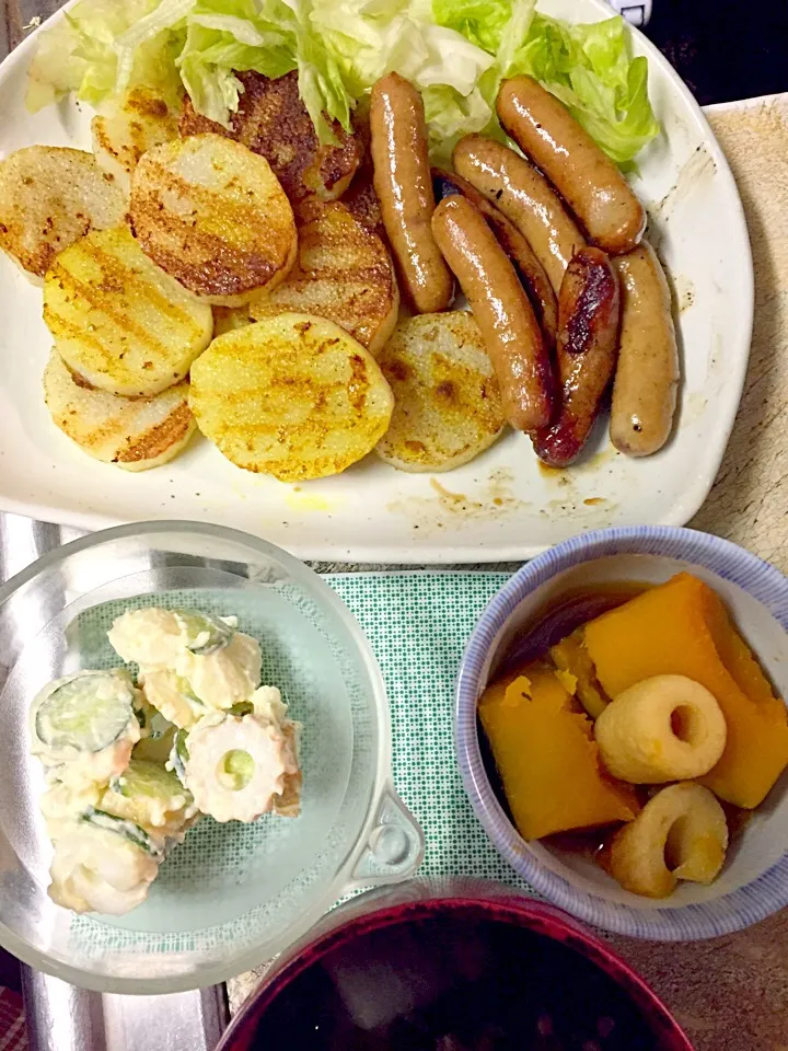 長芋とウィンナーのソテー  ポテトサラダ   南瓜とちくわの煮物   味噌汁|掛谷節子さん