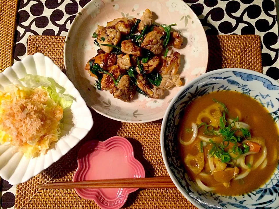 カレーうどん
鰹節のっけ和風ポテトサラダ
鶏とほうれん草の柚子胡椒炒め|Chie.Yさん