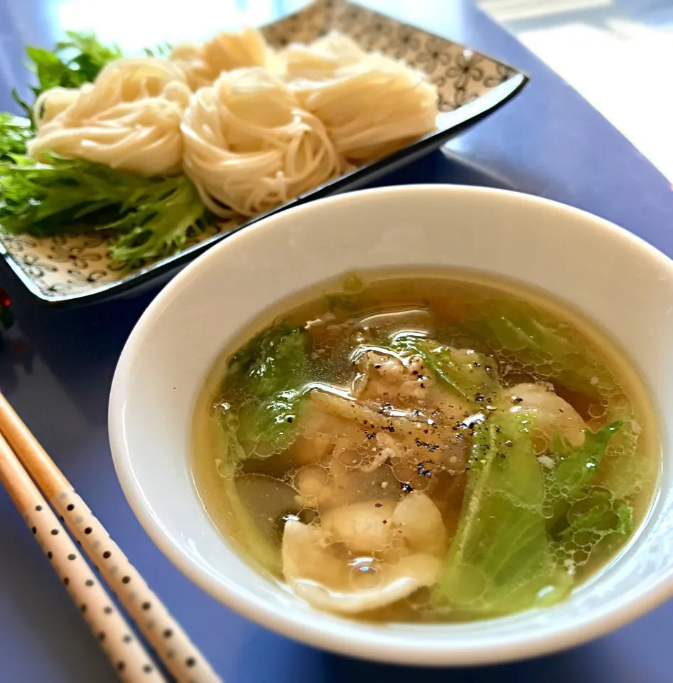 昼ごはん あっさり豚汁つけ麺。麺はひやむぎですが(´∀｀)|砂雪さん