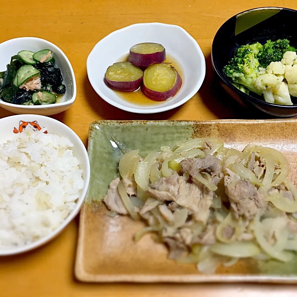 生姜焼き風豚炒め
さつまいもの煮物
きゅうりとわかめとツナの酢の物
ブロッコリーとカリフラワーのマヨ炒め|えりこさん