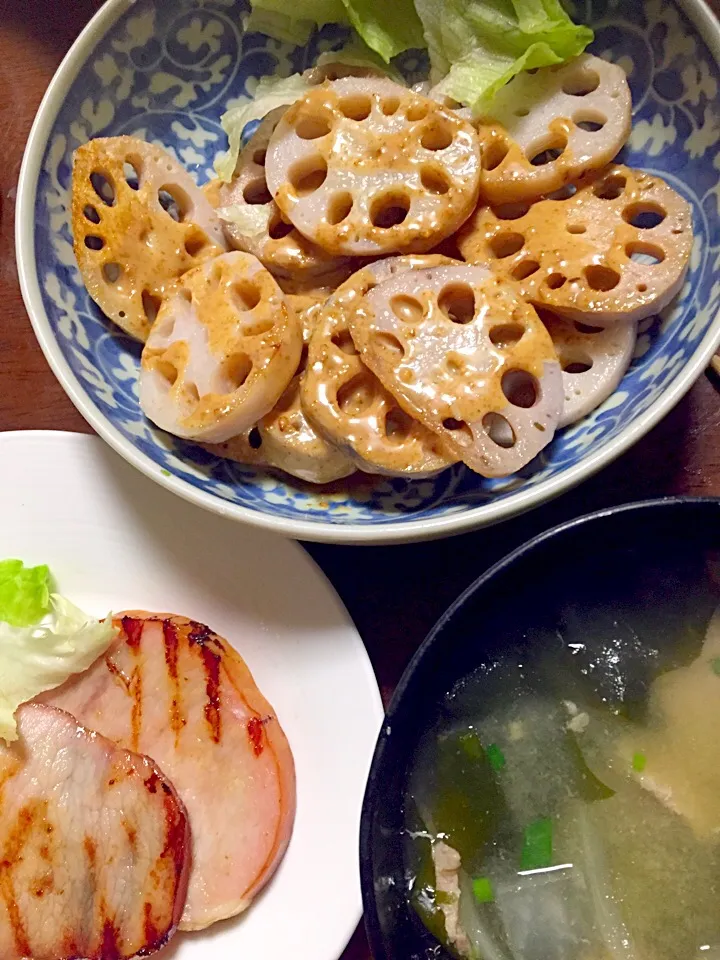 豚汁   蓮根の胡麻汚し   ハム焼き|掛谷節子さん