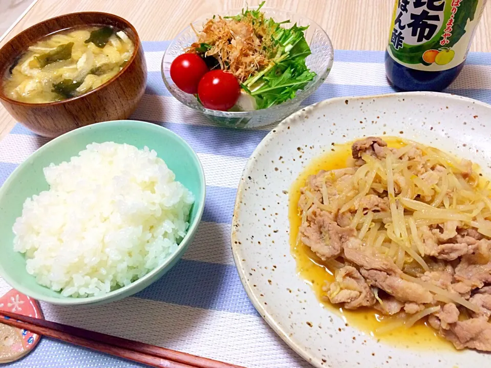 もやし炒め おあげのお味噌汁 水菜のサラダ|nontarosさん