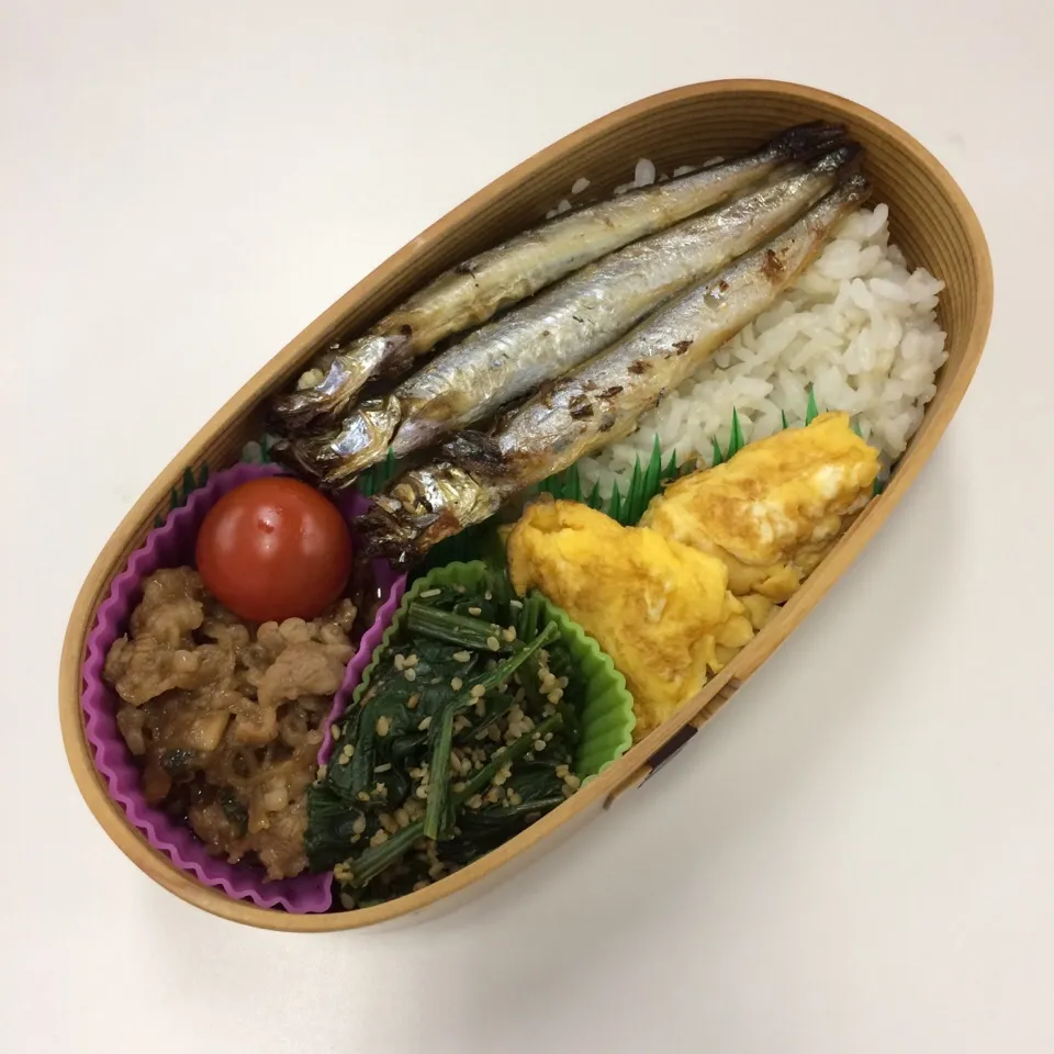 弁当（焼肉、ししゃも、ほうれん草胡麻和え、出汁巻玉子、プチトマト）|SasaMasa213さん