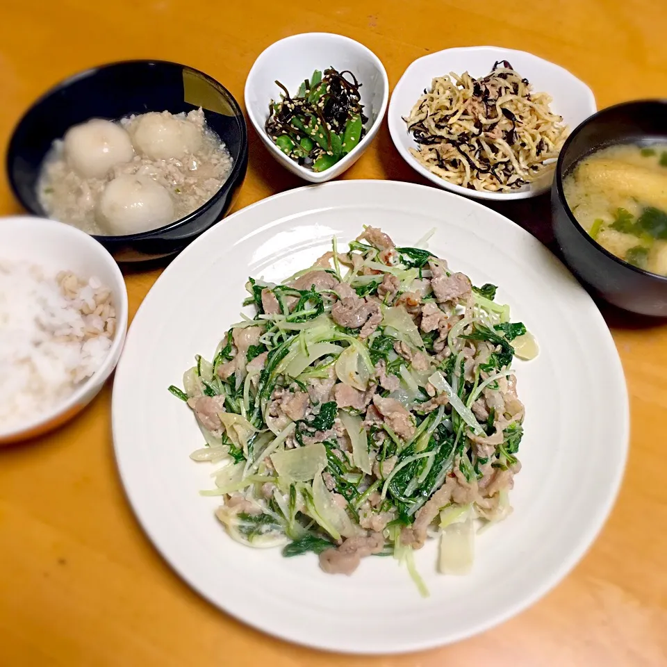 豚肉と水菜のマヨ炒め
いんげんの塩昆布和え
切り干し大根、ひじきのツナサラダ
里芋の鶏そぼろあん煮
あげとほうれん草の味噌汁|えりこさん