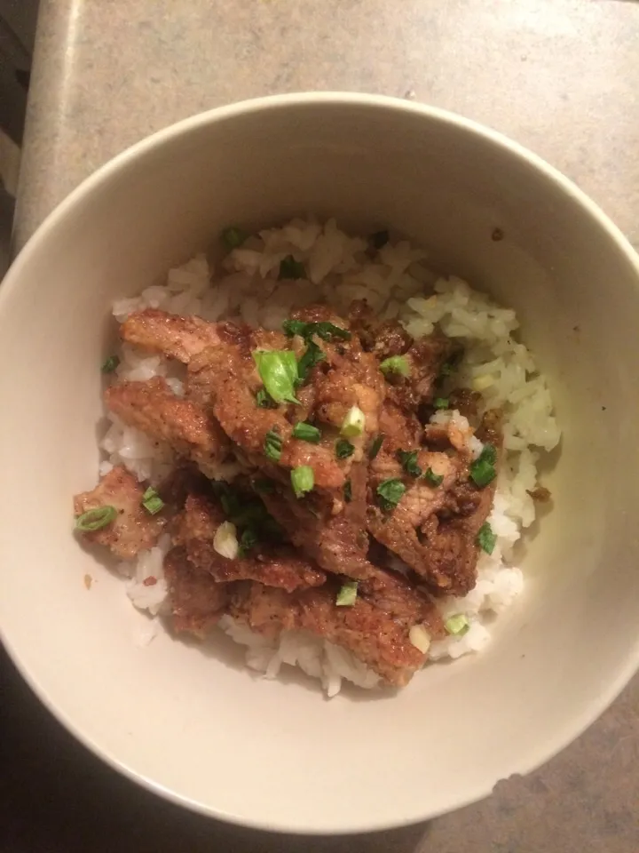 Snapdishの料理写真:Meat and rice under leftover egg drop soup|Olivia L Ageeさん