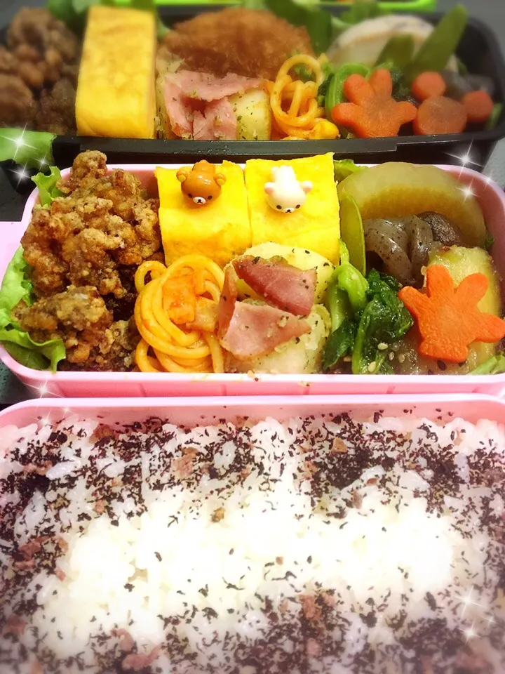 牛肉の竜田揚げとジャーマンポテト入りのお弁当🍱|しずママさん