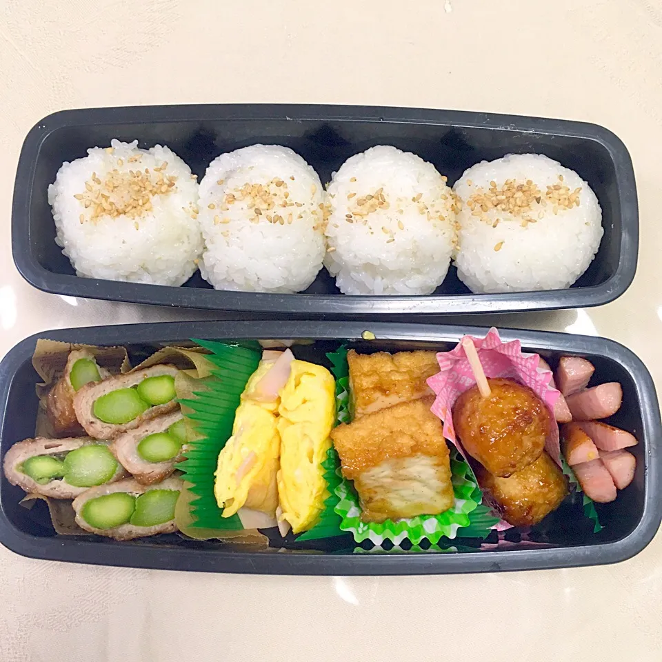 Snapdishの料理写真:息子のお弁当 アスパラ肉巻き ハムチーズ入り卵焼き 厚揚げのグルメソース焼き 肉団子 ウィンナー|keitakumamaさん