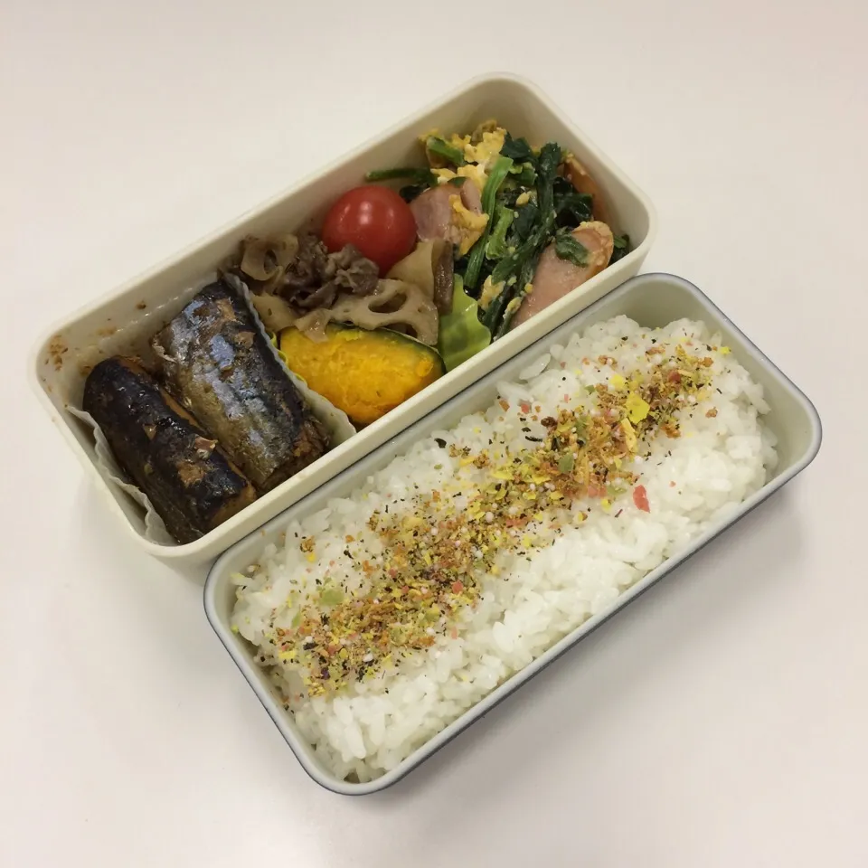 弁当（さんま生姜煮、牛肉蓮根きんぴら、かぼちゃ、ほうれん草玉子炒め、プチトマト、ふりかけ）|SasaMasa213さん