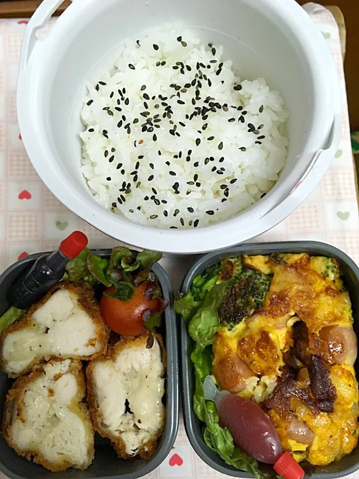 2月24日 息子弁当
ササミチーズカツ  スパニッシュオムレツ
たらこのデカおむすび|オリーブさん