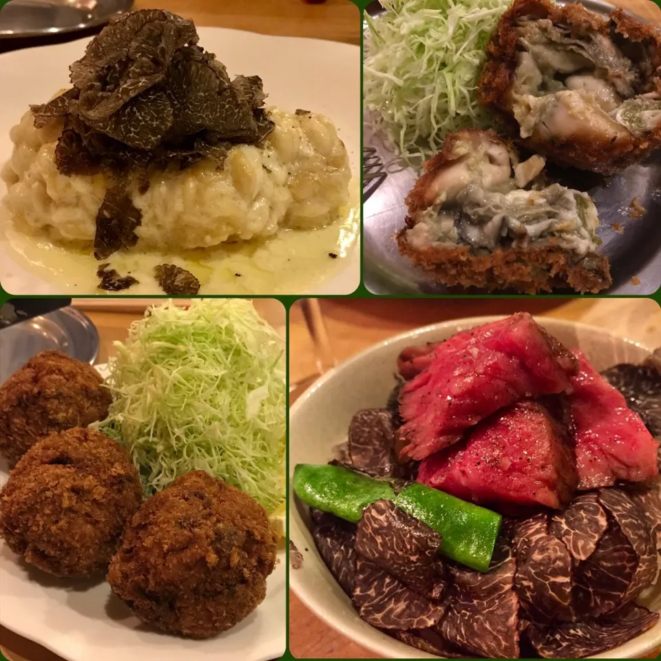 昨夜の外食の一部。 爆弾牡蠣フライや白子、TBTKGの他に 鯛や鮑、豚肉、鶏肉などあれこれいろんな食材。|ちこさん