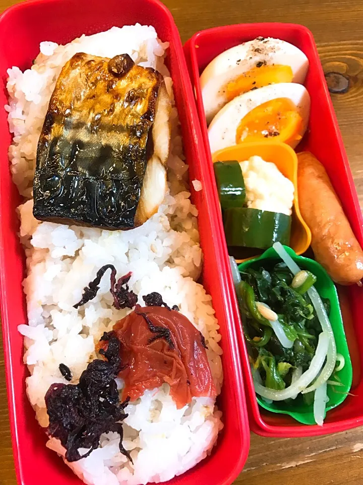 今日のお弁当#茹でタマゴ にオリーブ塩#ほうれん草ともやしのナムル#あらびきウィンナー #カリフラワーときゅうりのピクルス #焼き塩サバ #自家製梅干し|料理家めーらさん