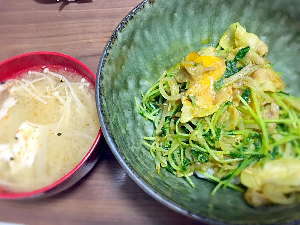 豆苗ともやしのカレー豚丼&玉ねぎとえのきのお味噌汁|♡あき♡さん