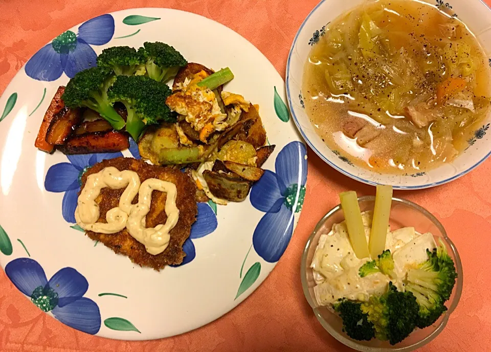 メカジキカツレツ野菜添え 野菜スープ 大根ホタテからしマヨネーズ和え|Junko Tominagaさん