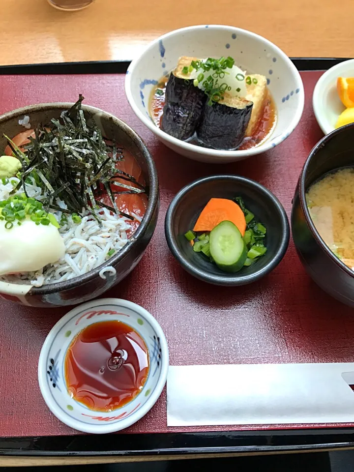 シラスまぐろ丼/茄子と豆腐揚げ出し/味噌汁|山内博之さん