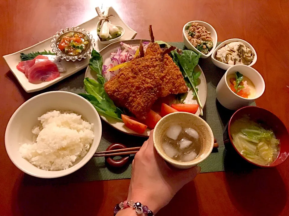 Today's Dinner🍴前菜･海鮮茶碗蒸し･鯵ﾌﾗｲ<お惣菜>･めかぶ大和芋･ｵｸﾗ納豆･白飯･白菜､韮&えのきのお味噌汁|🌈Ami🍻さん