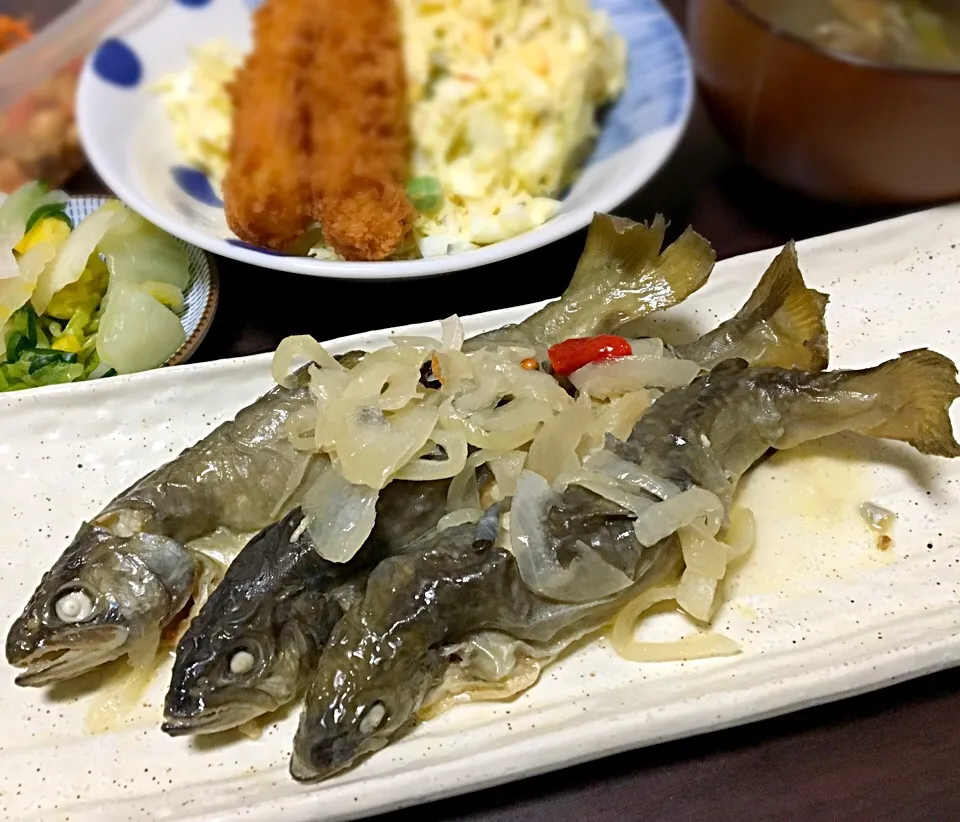 晩ごはん  岩魚のマリネ 海老フライp|ぽんたさん