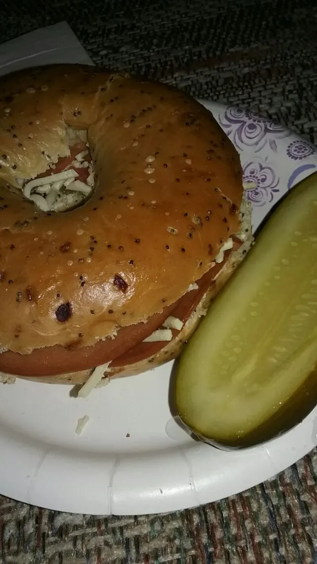 everything bagel with daiya chz, "bolonga", and a big fat pickle! !|Polly Gelfusoさん