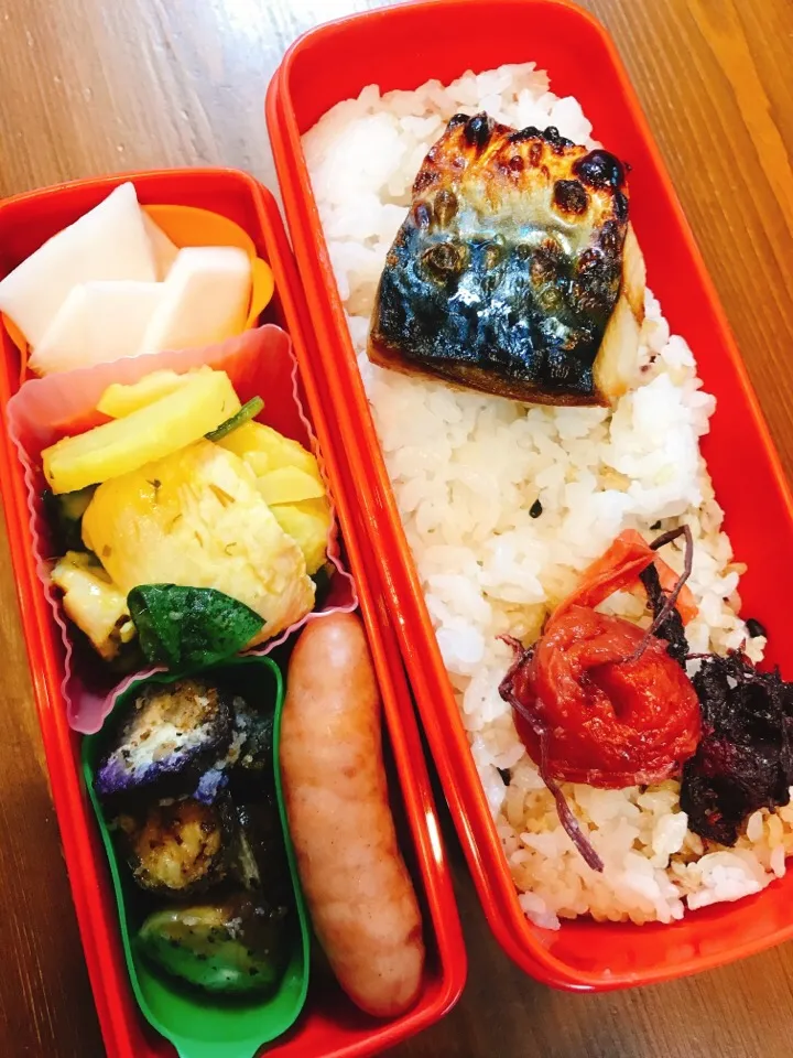 Snapdishの料理写真:今日のお弁当#ナスの香草パン粉焼き #あらびきウィンナー #かぶの白梅酢漬け#鶏とじゃがいものディルマスタードソース和え#雑穀入りごはん#自家製梅干し #焼き塩サバ|料理家めーらさん