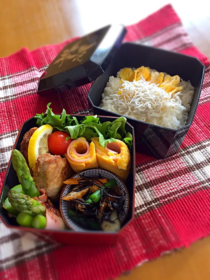 わたくし弁当🎶
しらすのっけごはん。
もうこざめのからあげ
アスパラベーコン
ひじきと竹輪の煮物
玉子ハム巻き|BooBooさん