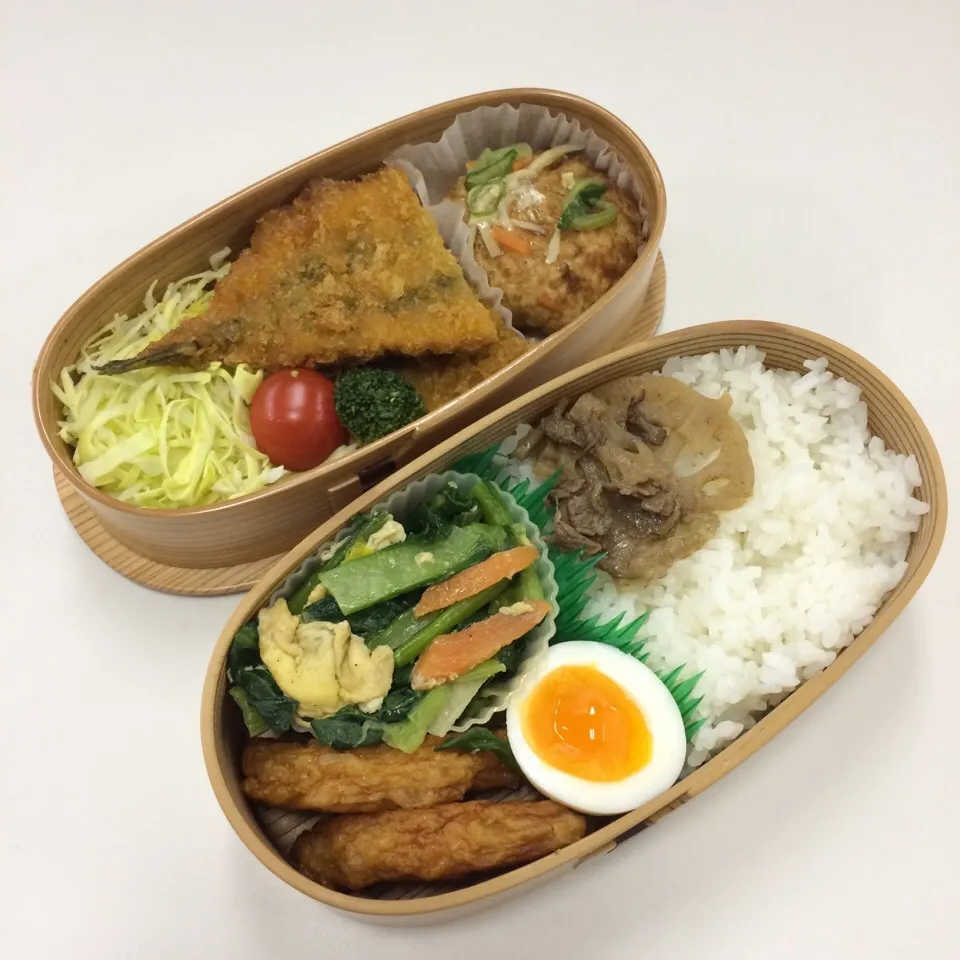 Snapdishの料理写真:弁当（アジフライ、豆腐ハンバーグ、サラダ、玉ねぎ天、小松菜玉子炒め、ゆで玉子、牛肉蓮根きんぴら）|SasaMasa213さん