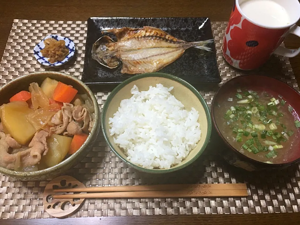 #肉じゃが#アジの開き#生姜の佃煮#糸寒天入りお味噌汁|yuriさん