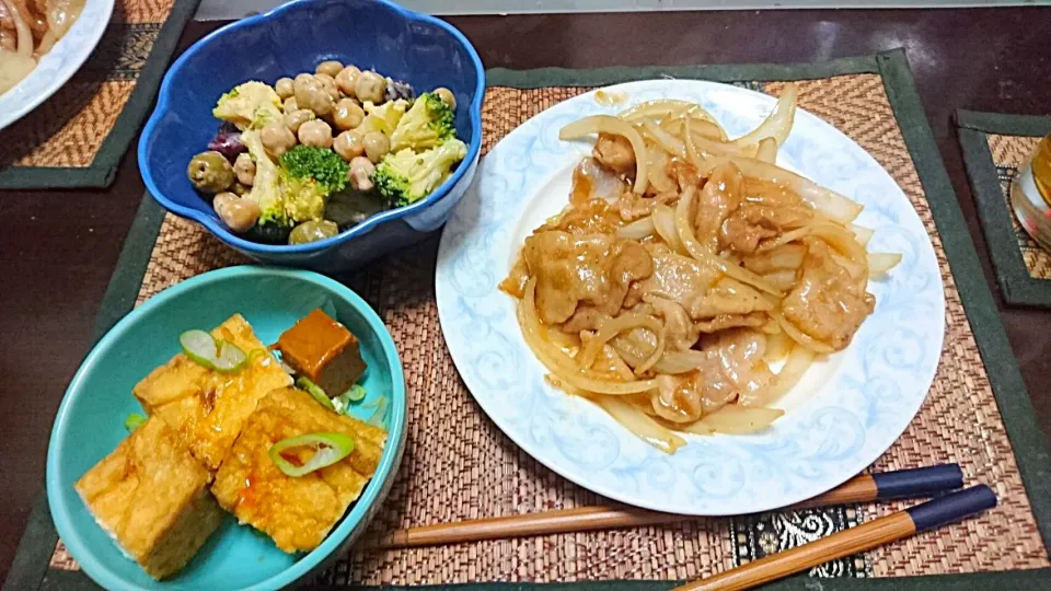 豚のしょうが焼き&ブロッコリーと豆のサラダ&厚揚げ焼き|まぐろさん