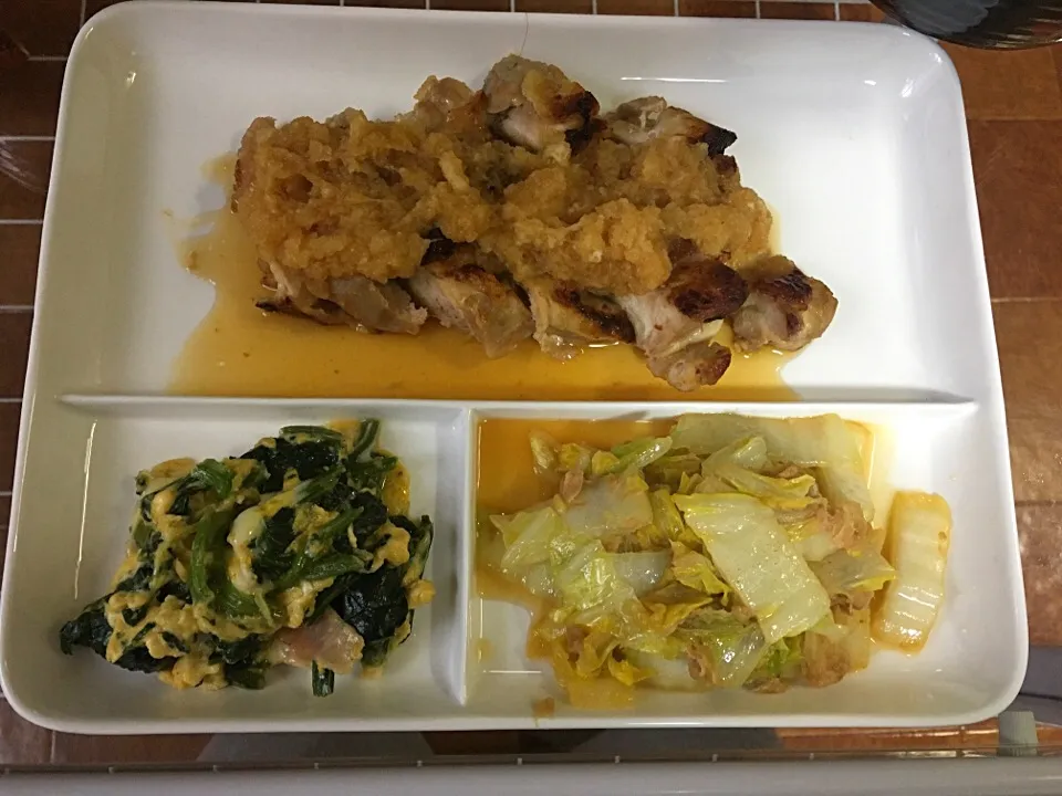 鶏のみぞれ煮♡白菜とツナのあんかけ炒め♡ほうれん草とベーコンのチーズ卵♡|みいぽぽさん